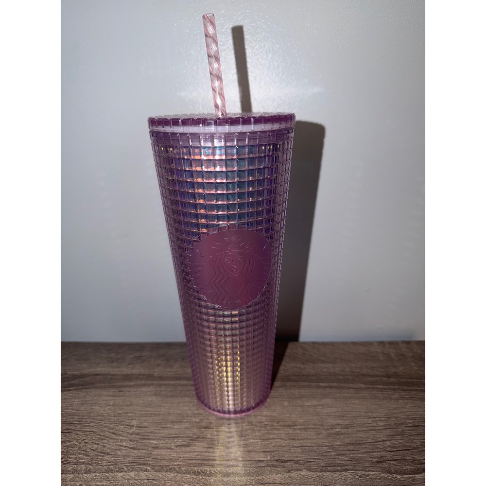 Starbucks Purple Iridescent Pink Grid Disco Cold Cup Tumbler 24oz Lid Straw